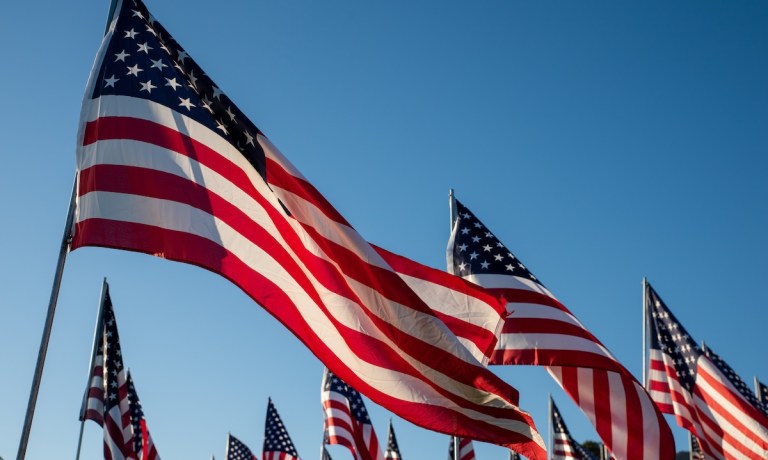 American flags against blue sky